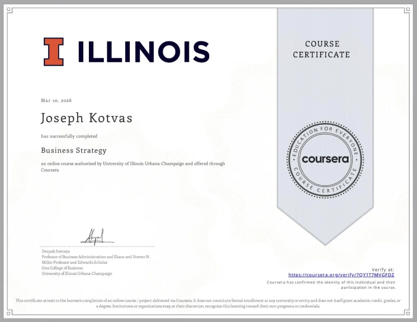 University of Illinois Business Strategy Specialization Certificate