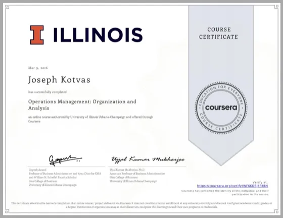 University of Illinois Operations Management Specialization Certificate